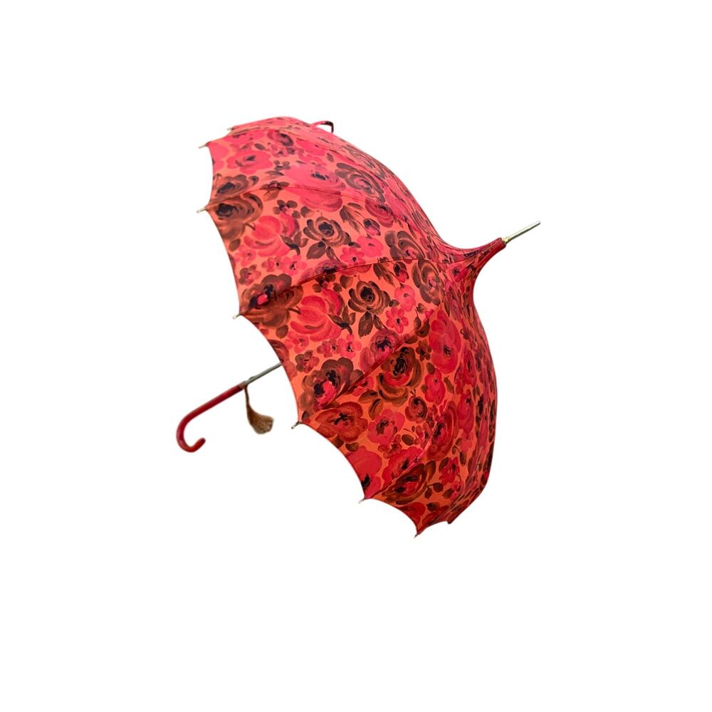 Vintage Bright Red Floral Pagoda Umbrella w/ Lucite Handle Tassel Movie Prop